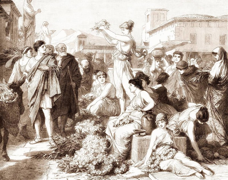 Flower market at Athens in ancient Greece