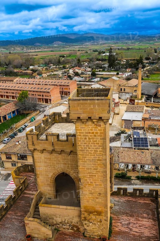 Majestic medieval tower of the royal palace of olite overlooking the charming town and serene countryside of navarre, spain, on a cloudy day