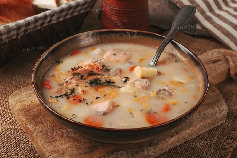 Finnish fish soup, lohikeito soup, creamy fish soup, rustic style