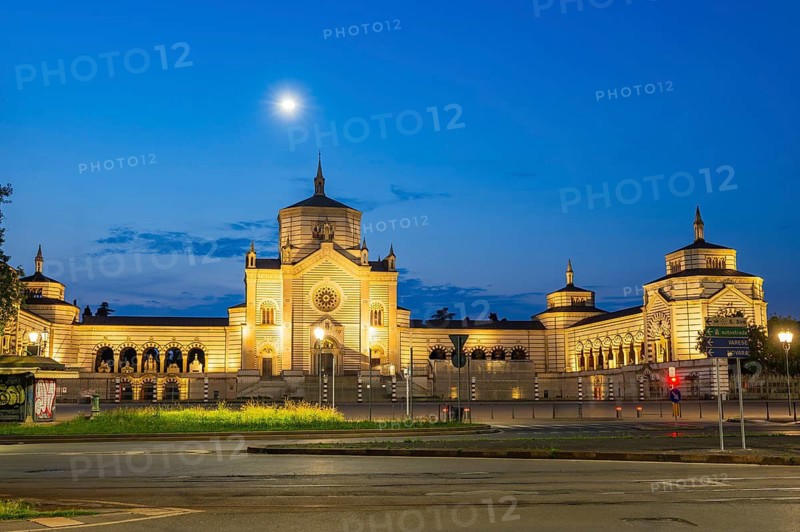 Cimitero Monumentale in the evening by moonlight during the blue hour, Milan, Italy