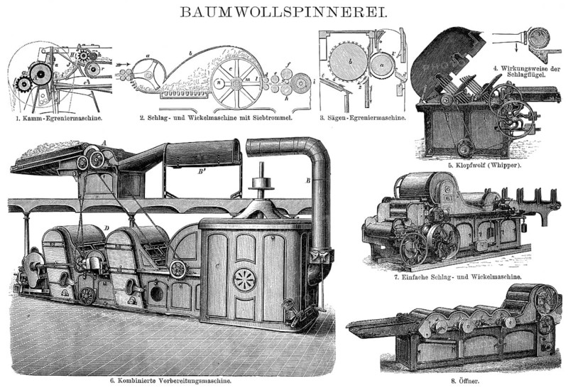 Historic illustration, Cotton-spinning machinery, late 19th century, historische Zeichnung, Baumwollspinnerei, spätes 19. Jahrhundert