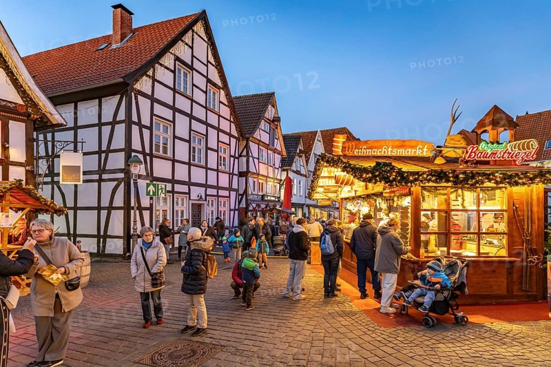 Christmas market and timbering in Soest at dusk, North Rhine-Westphalia, Germany