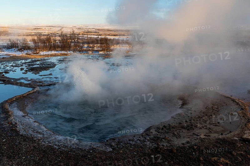 Hot spring, gysir, water vapor, snow, winter, Haukadalur Valley, Golden Circle, Iceland, Scandinavia