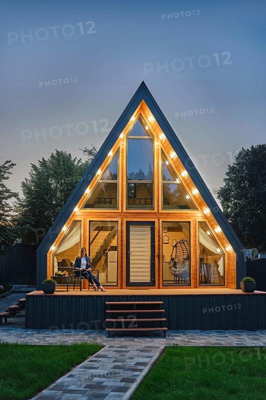 Woman sits on terrace outside a modern triangle log cabin, enjoying the peaceful evening surrounded by nature