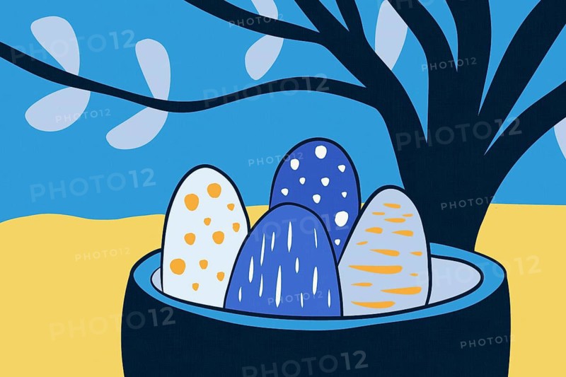 A vibrant Easter illustration depicting colorful eggs in a bowl beneath a stylized blossoming tree, set against a serene blue and yellow background