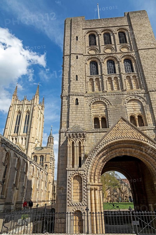 Norman tower, also called church gate, behind it St Edmundsbury Cathedral, Bury St Edmunds, West Suffolk, England, Great Britain