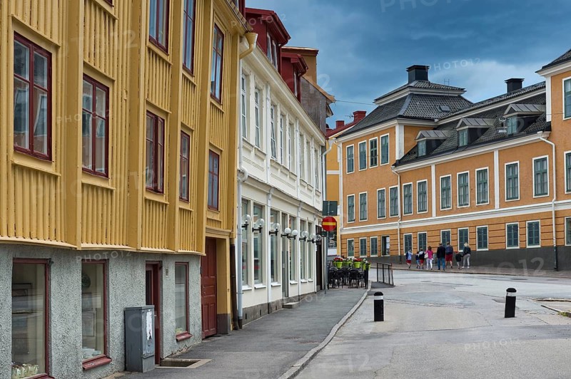 Old yellow and white painted wooden houses, Karlskrona, Götaland, Blekinge, Sweden