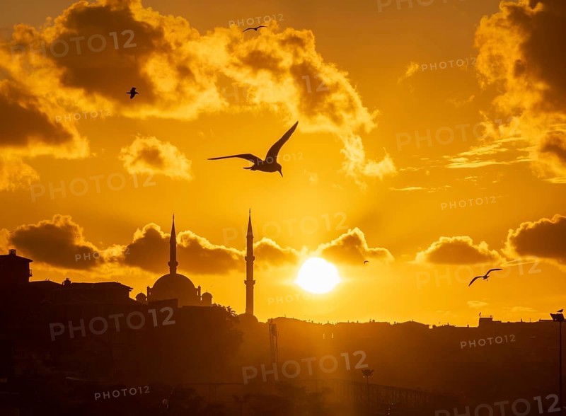 A vibrant sunset backlights Istanbul's skyline, featuring silhouettes of mosques and minarets, with birds soaring in the golden sky
