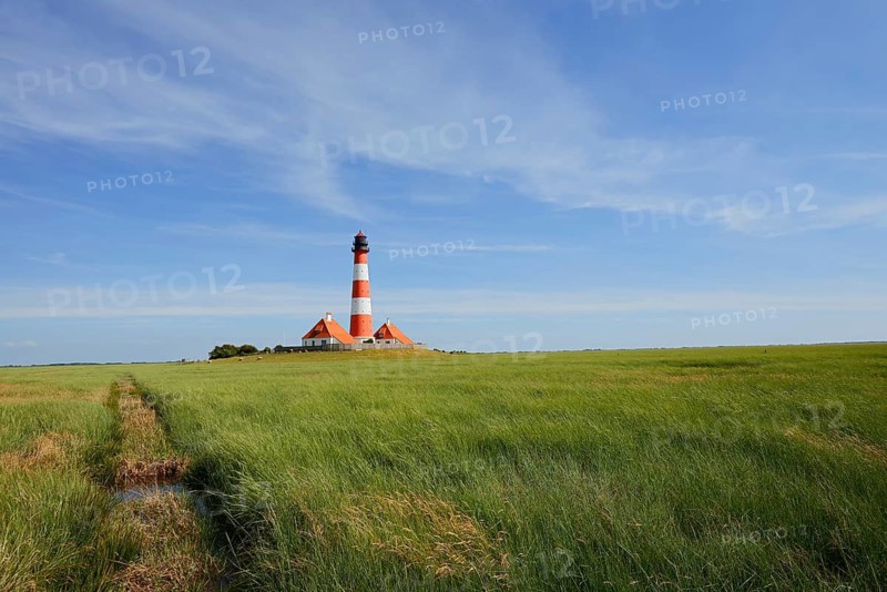 Westerheversand lighthouse and salt marshes, Westerhever, Eiderstedt peninsula, North Frisia, Schleswig-Holstein, Germany