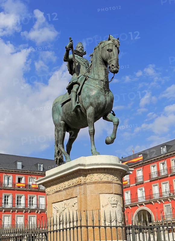 Equestrian statue in Plaza Mayor, Madrid, Spain central square tourist attraction in the heart of the city