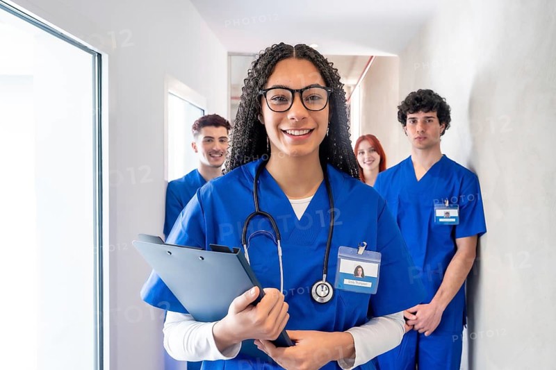 Diverse group of smiling healthcare students and professionals wearing blue scrubs, holding a clipboard and stethoscope, standing together in a bright hospital or clinic corridor