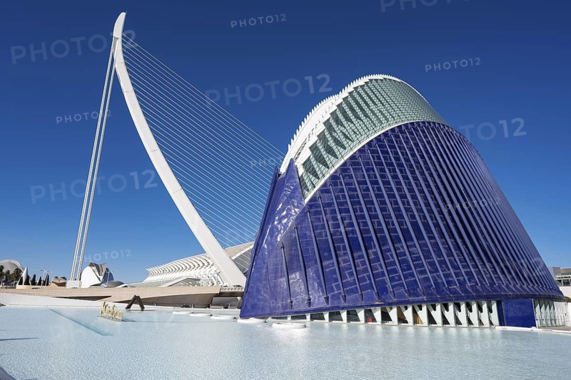 VALENCIA, SPAIN - FEBRUARY 7, 2025: City of Arts and Sciences, museum Museu de Les Ciencies. Bridge pylon and building Caixa Forum