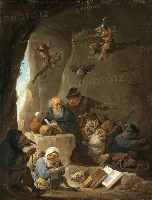 The Temptation of Saint Anthony (c. 1645), painting by David Teniers (baptised 15 December 1610 in Antwerp, died 25 April 1690 in Brussels), Flemish painter, draughtsman and curator. He was an innovator in a variety of genres such as history painting, genre painting, landscape, portrait and still life. He is most remembered today as the leading Flemish genre painter of his time, reproduction from a 17th century painting. Authentic, file restored for optimal use, exact date of original unknown