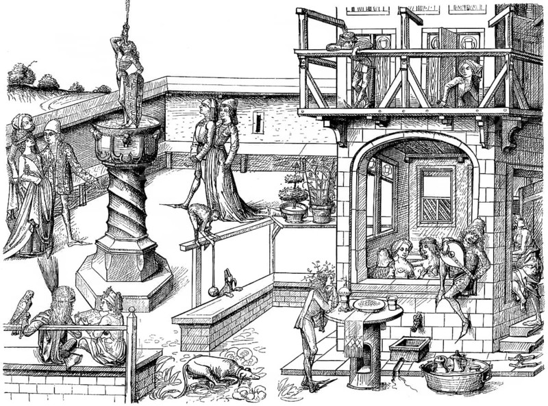 Historischer Holzschnitt aus dem Mittelalter, der Lustgarten und Badefreuden