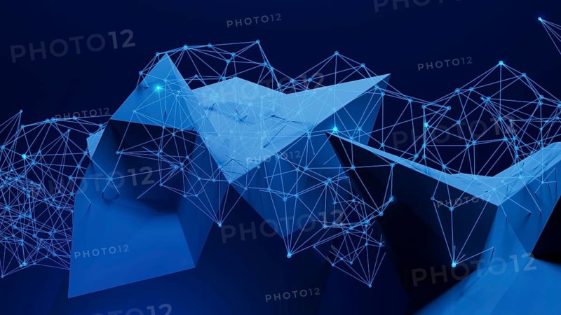This composition features an intricate design of blue geometric shapes connected by glowing lines, representing a blend of technology and abstract art in a modern style