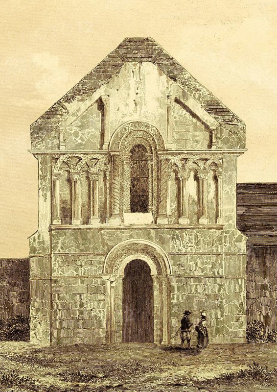 Castle church ruin, county Norfolk, Norman period, visitor, entrance, façade, columns, architecture, historic landmark, England, Great Britain, steel engraving, historical illustration 1842