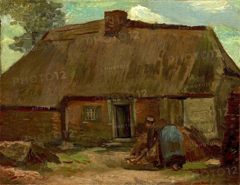 Cottage with Peasant Woman Digging (1885), Cottage with Peasant Woman Digging (1885), Painting by Vincent Willem van Gogh (born 30 March 1853 in Groot-Zundert, died 29 July 1890 in Auvers-sur-Oise), Dutch painter and draughtsman, one of the founders of modern painting, Illustration, Reproduction from a painting. Authentic, exact date of original unknown, Historical, Rustic hut with thatched roof and people working in the courtyard, surrounded by trees