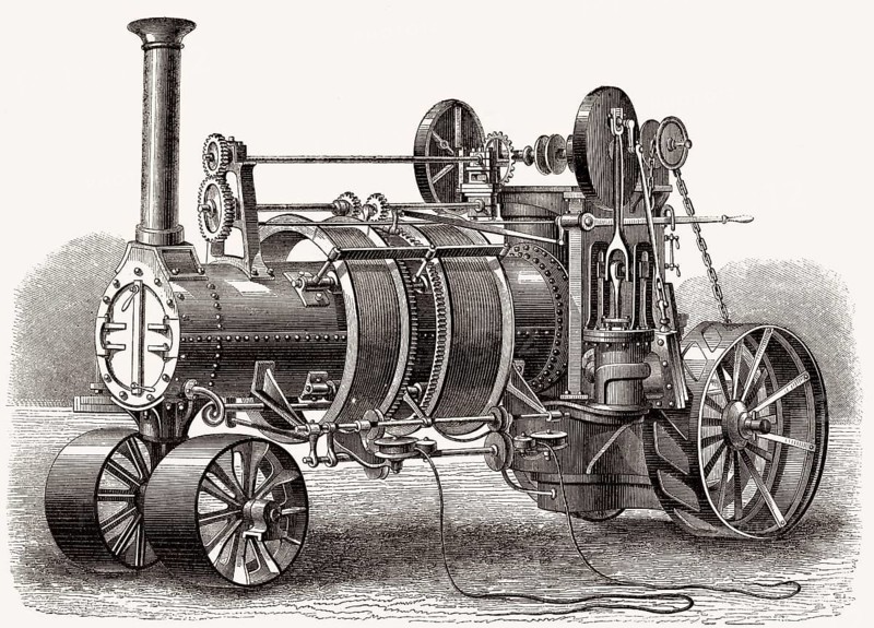 Maschinelle Dampfpflugsysteme bei der Arbeit, landwirtschaftlicher Traktor mit Dampfmaschinenantrieb, 19.