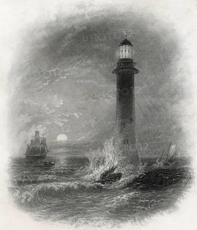 Bell Rock lighthouse in the North Sea, off the coast of Arbroath, Scotland in the 19th century. From the Cyclopaedia of Useful Arts and Manufactures by Charles Tomlinson, digital reproduction of a historical model