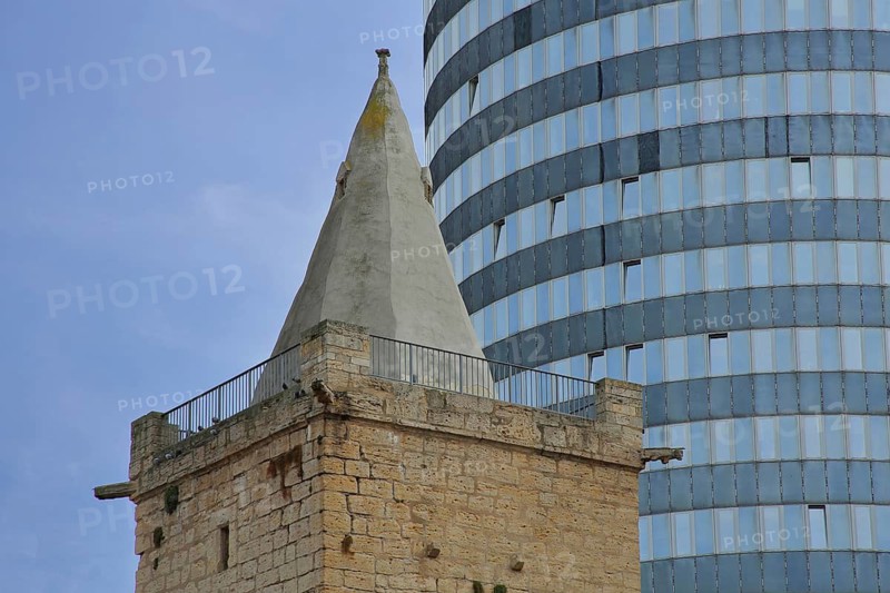 Spire from the historic Johannistor and stained glass window from the modern Jentower, glass wall, city gate, city tower, detail, Jena, Thuringia, Germany