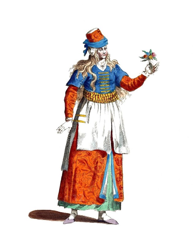 Historical clothing, fashion over time, clothing of a Turkish courtesan in 1568, Turkey, digitally restored reproduction of a model from the 18th/19th century, exact date unknown, woman with red robe and cap holding a flower in her hand