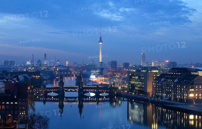 Berlin, DEU, 04.02.08 - Aerial view of Berlin, with TV tower, town hall, Red Town Hall, Oberbaum Bridge, Berlin, Germany