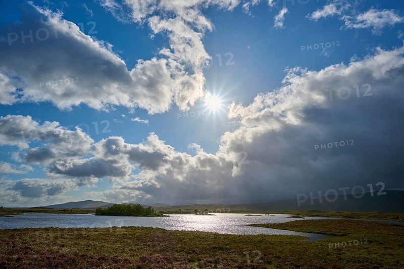 Sunbeams through big clouds, river landscape with mountains in the background, Rannoch Moor, Bridge of Orchy, Scotland, United Kingdom, Great Britain