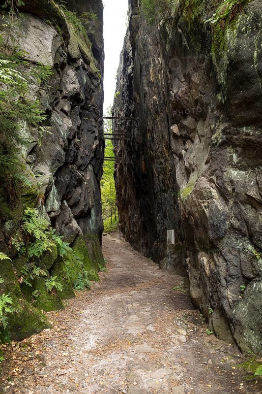 Path through the rock faces at the historic Schwarzes Loch millstone quarry, nature trail through the millstone quarries near Jonsdorf, Zittau Mountains, Saxony, Germany