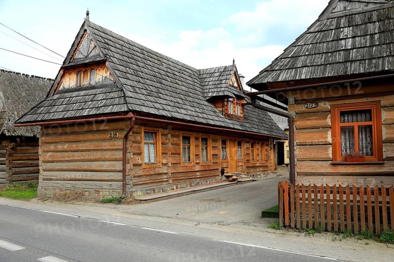 Traditional wooden houses in the village of Chocholow, Podhale-style wooden architecture, listed by UNESCO, near Zakopane, Lesser Poland Voivodeship, Poland