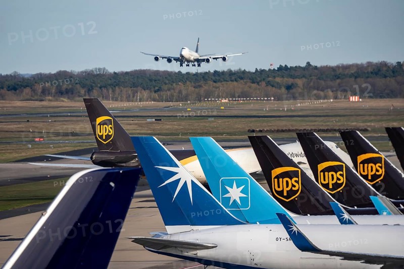 Cologne-Bonn Airport, CGN, UPS Boeing 747-8F, cargo plane after landing and landing on the taxiway to the air freight center, UPS Logisic Hub, Star Air, Maersk cargo aircraft on the apron