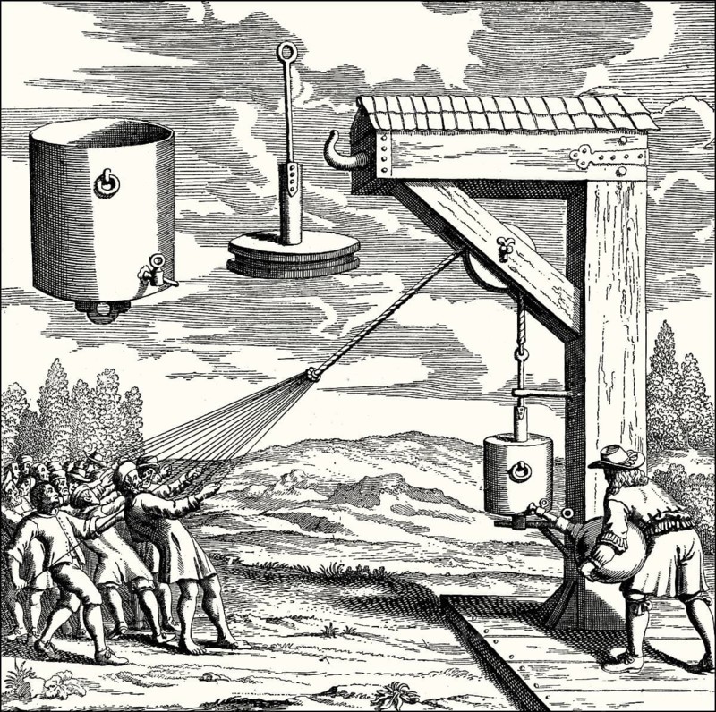 The strength of air pressure, experiment by Otto von Guericke, 17th century