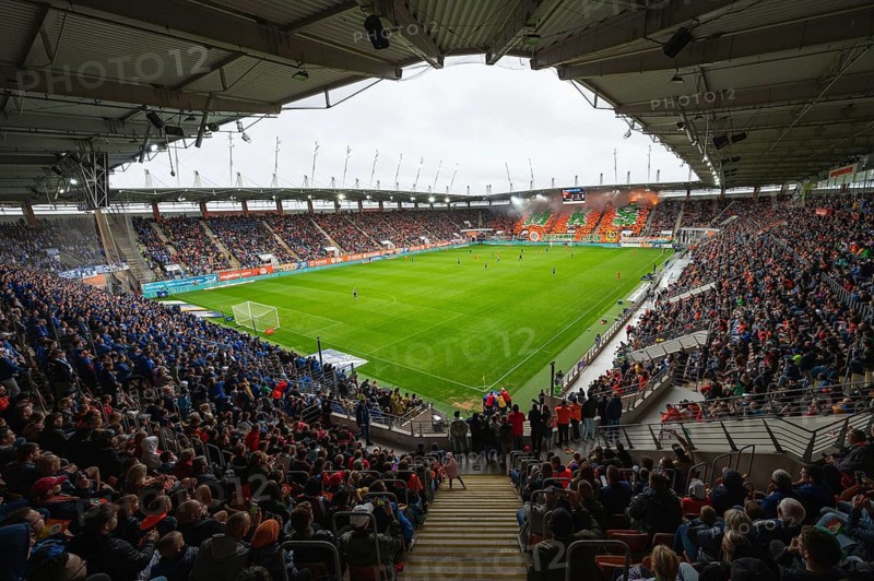 LUBIN, POLAND - AUGUST 6, 2023: Football match Polish PKO Ekstraklasa between KGHM Zaglebie Lubin vs Lech Poznan 1:1. Aerial view at the stadium.
