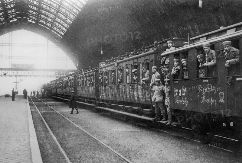 1914 Regiment of German WWI soldiers in train station of Malines, Mechelen, Belgium waiting for transport to the front in France during World War One