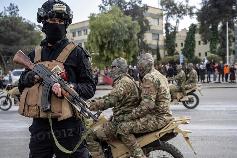 Damascus, Syria. December 8th 2025. The Syrian transitional government stages a military parade at Umayyad Square as part of the Liberation Day anniversary