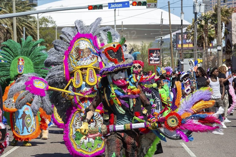 New Orleans, Louisiana - The Mardi Gras Indians' Super Sunday parade. African-Americans create elaborate costumes for the annual event to honor Native Americans who, during slavery, helped helped people escape and gave them refuge
