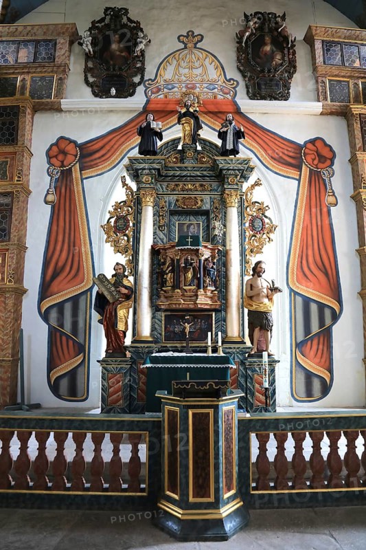 Pulpit altar, Cathedral of the Rhön, Protestant church, Helmershausen, Rhönblick parish, Schmalkalden-Meiningen district, Thuringia, Germany
