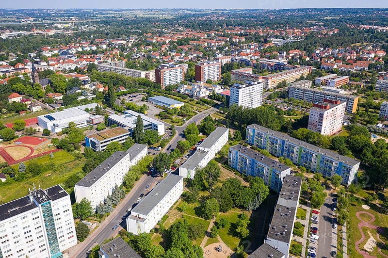 Town view from above with new development area Dresdner Straße and grammar school, Coswig, Saxony, Germany