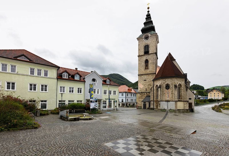 Market square with parish church, Ternberg, Traunviertel, Upper Austria, Austria