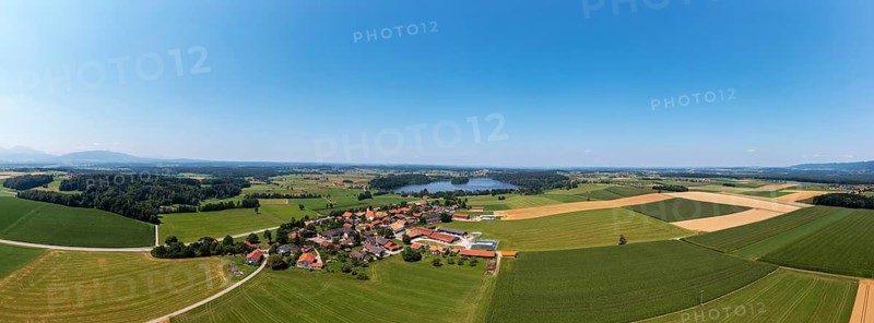 Drone shot, Abtsdorfer See with village Abtsdorf, Rupertiwinkel, Upper Bavaria, Bavaria, Germany