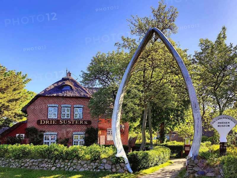 Frisian Museum with two whale jaw bones at the entrance to the main building, Wyk auf Föhr, North Frisia, Schleswig-Holstein, Germany
