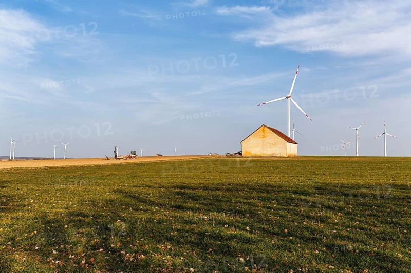 Barn in a meadow, wind turbine, Willebadessen, Höxter, Teutoburg Forest Eggegebirge nature park Park, Germany