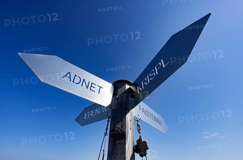 Drone image, signpost at the summit of the Ochsenberg, Osterhorn group, Salzkammergut, Salzburg province, Austria