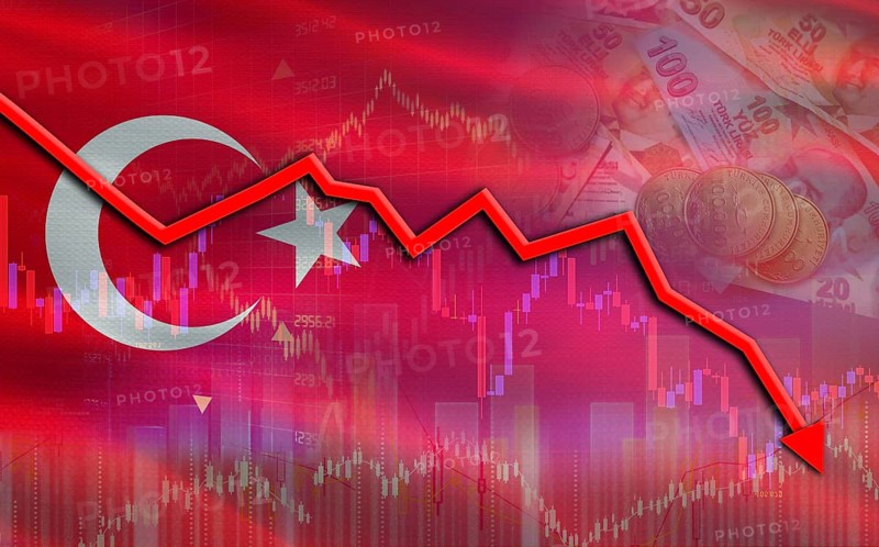 Financial fall of Turkey on economy market. Turkey financial crisis on economic graph