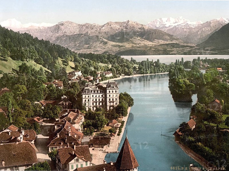 Thun und die Alpen, Berner Oberland, Schweiz, Historic, digitally restored reproduction from a 19th century original, Record date not stated, Thun and the Alps, Bernese Oberland, Switzerland, Historic, digitally restored reproduction from a 19th century original, Record date not stated
