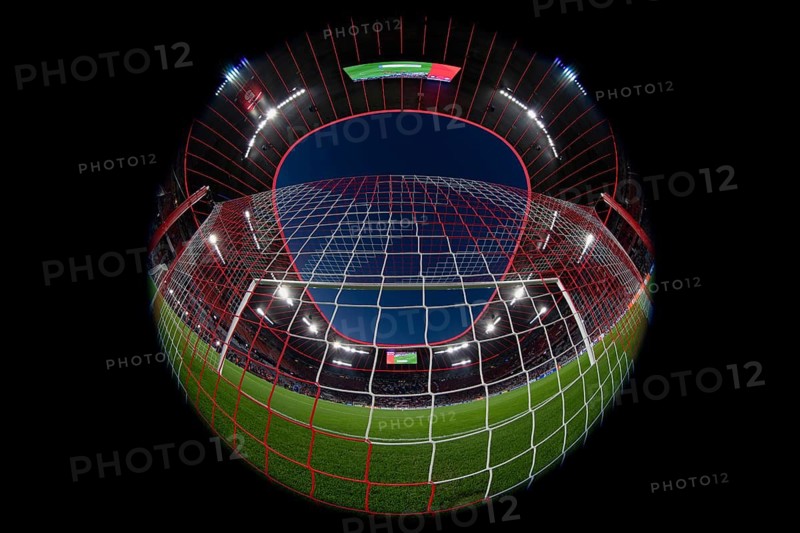 Overview, interior, floodlit match, behind-the-goal perspective, goal net, blue hour, fisheye shot, Champions League, Allianz Arena, Munich, Bavaria, Germany