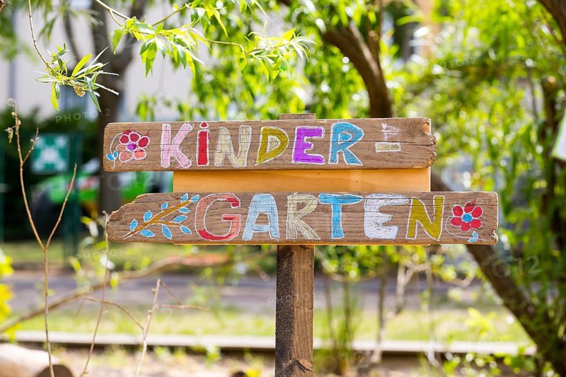 Sign inscribed with coloured chalk, kindergarten, Saxony, Germany