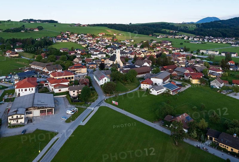 Drone image, view of the village with parish church, Anthering, Flachgau, Salzburg province, Austria