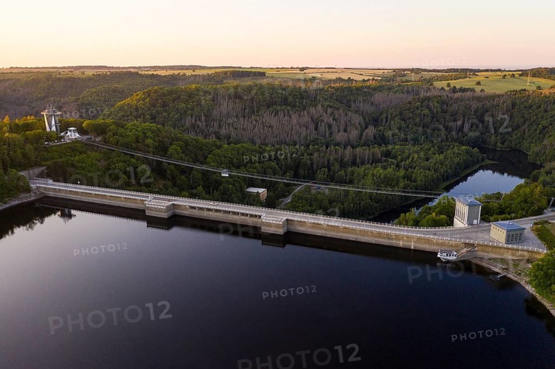 Aerial view of the Rappbode dam, dam wall and suspension bridge by Harzdrenalin, Oberharz am Brocken, Harz, Saxony-Anhalt, Germany