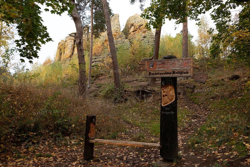 Klusfelsen with colourful autumn leaves, prehistoric cult site in the Harz Mountains, served as a hermitage and observatory, Halberstadt, Saxony-Anhalt, Germany