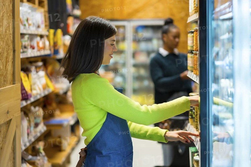 Supermarket employee stocking shelves with organic products in refrigerated section, ensuring customers have access to fresh and healthy options